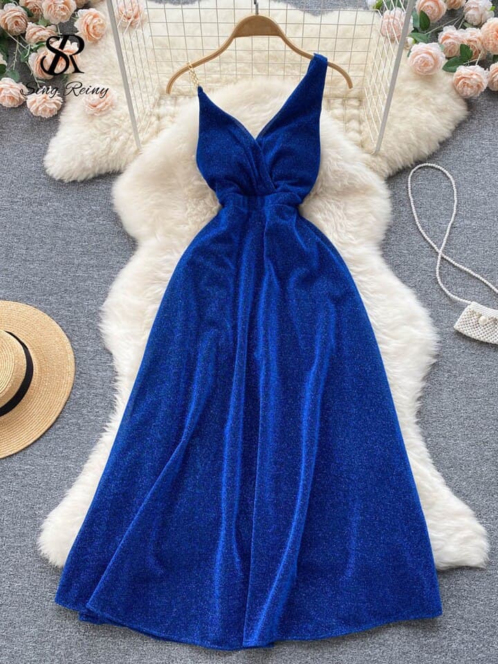 Evening Party Women Summer Dress Zipper Ruched Shiny Lurex Solid V Neck Ladies A Line Slim Long Dresses