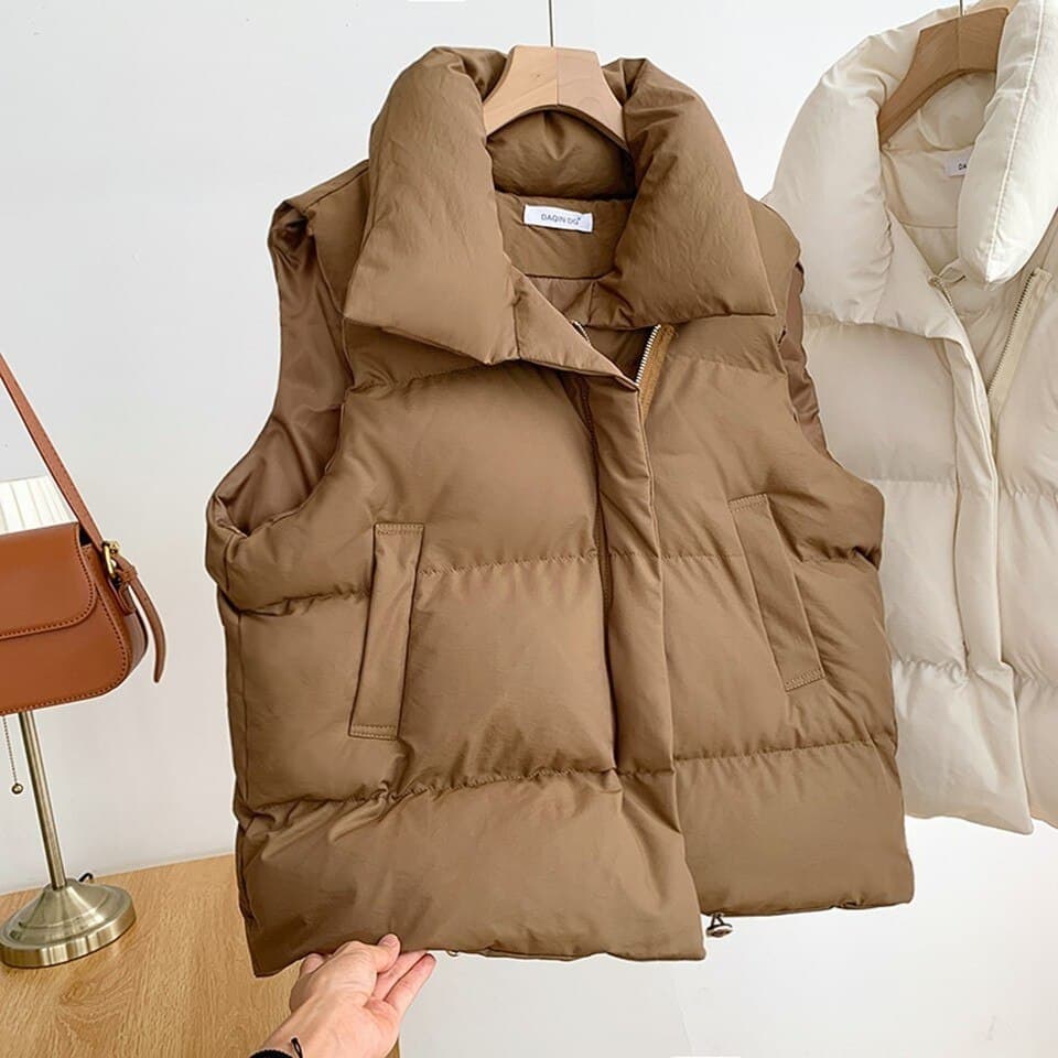 New Winter Women Vest Stand Collar Zipper Sleeveless Padded Puff Jacket Overcoat Solid Colour Loose Drawstring Waistcoat Vest Coat