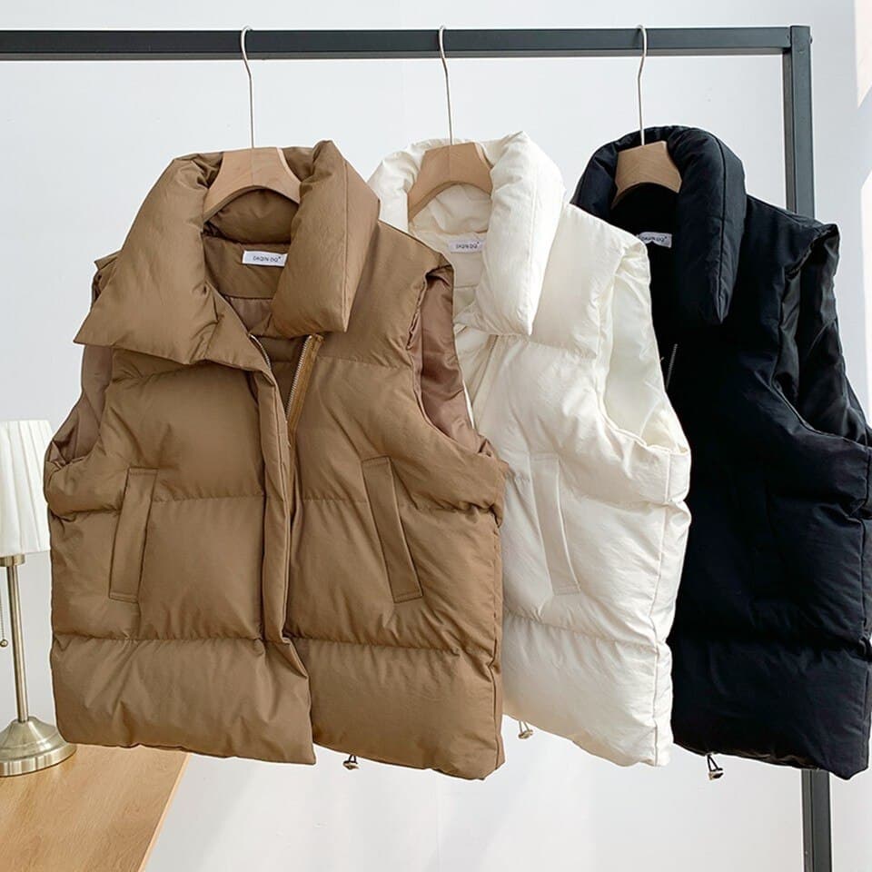 New Winter Women Vest Stand Collar Zipper Sleeveless Padded Puff Jacket Overcoat Solid Colour Loose Drawstring Waistcoat Vest Coat