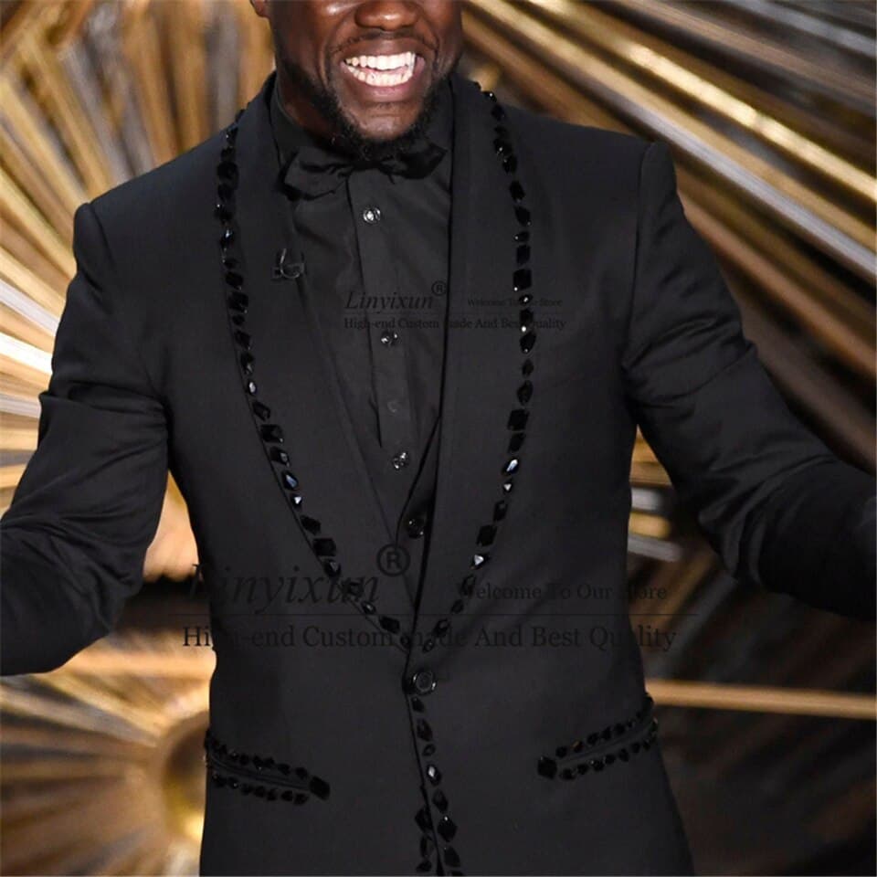 New Men Luxury Beaded Black Suits Wedding Groom Tuxedo Formal Occasion Rhinestone Slim Blazer 2 Piece Terno Masculino Jacket+Pants