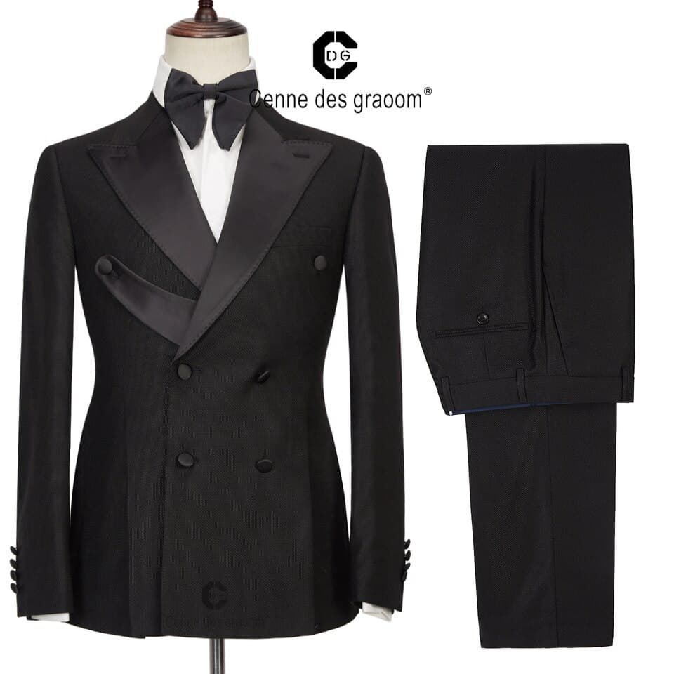 New Men Suits Tailor Made Tuxedo Double Breasted Black Satin Collar Blazer Pant Evening Party Prom Groom