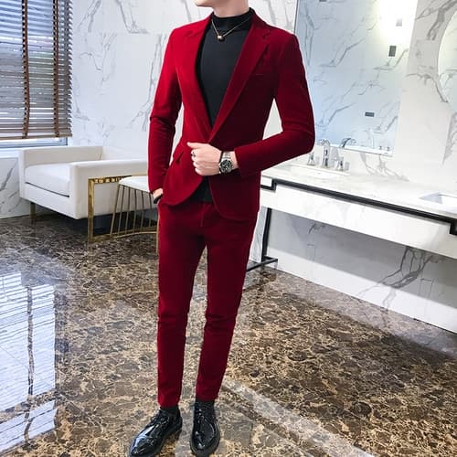 New Elegant Wine Red Suits Mens Velvet Luxury Suits For Mens Groom Wedding Velour Suits Gentlemen Dress 2 pcs Flannel Green Burgundy