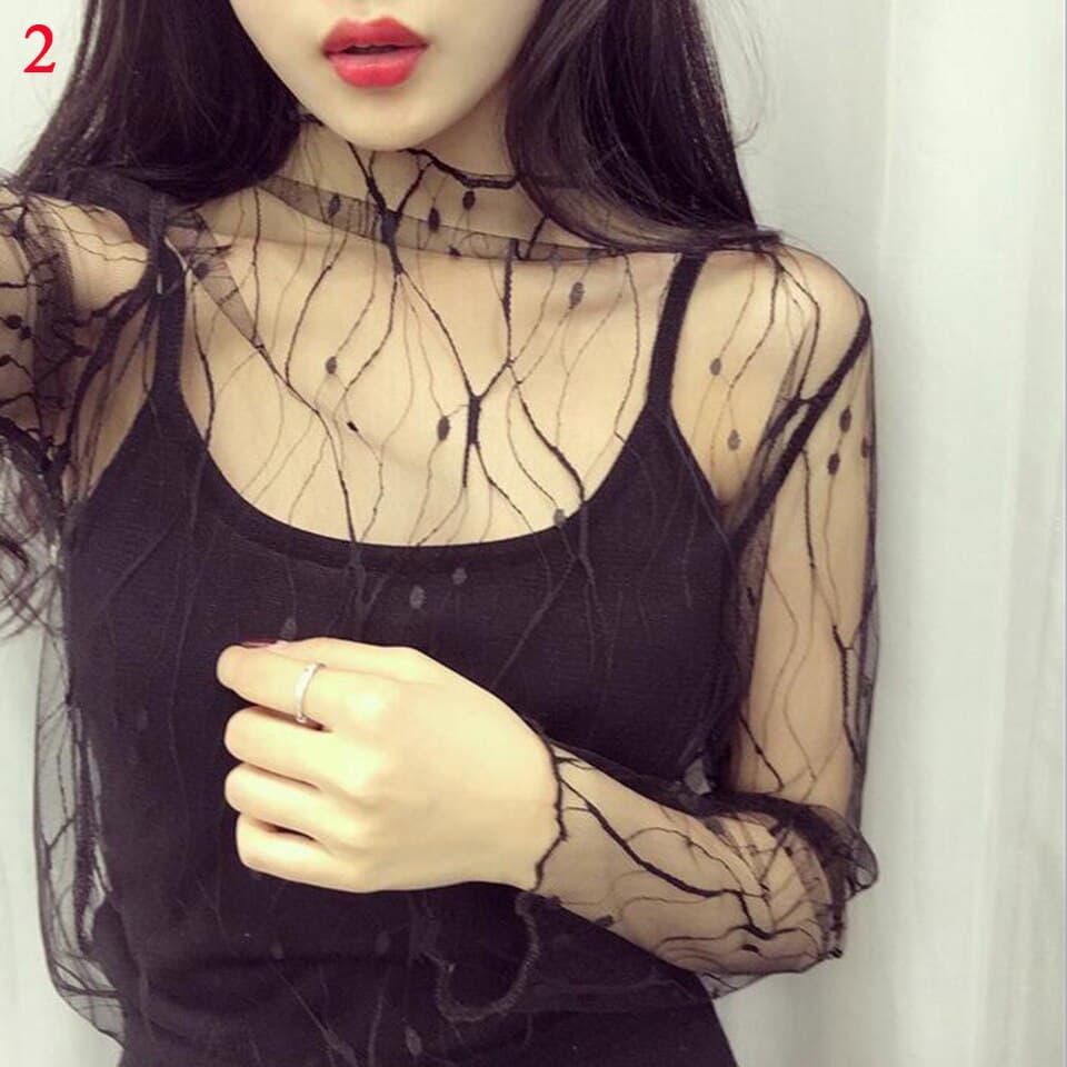 New Fashion Women Mesh Sheer T-Shirts Party Long Sleeve Blouses All-matched Popular T-Shirt Sexy Transparent Ladies Tops