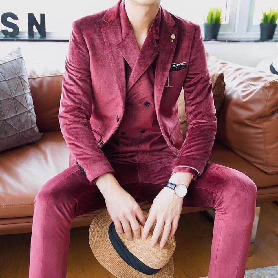 New Men Business Groom Tuxedo Suit Blazer And Apnt Wine Red Grey Luxury Velvet Suit Men Costume Mariage Homme (Jacket+Vest+Pants)
