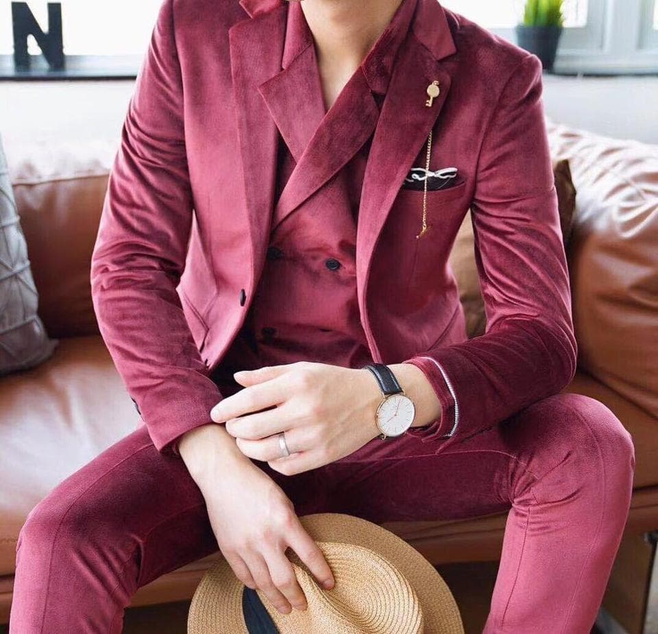 New Men Business Groom Tuxedo Suit Blazer And Apnt Wine Red Grey Luxury Velvet Suit Men Costume Mariage Homme (Jacket+Vest+Pants)