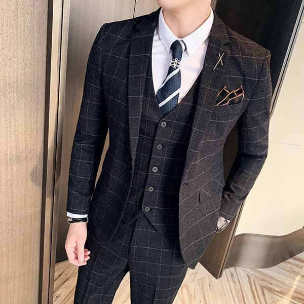 New Men Striped Plaid Solid Color Mens Formal Business Suit 3pce Set Groom Wedding Social Show Dress 7XL ( Blazer + Waistcoat + Pants )