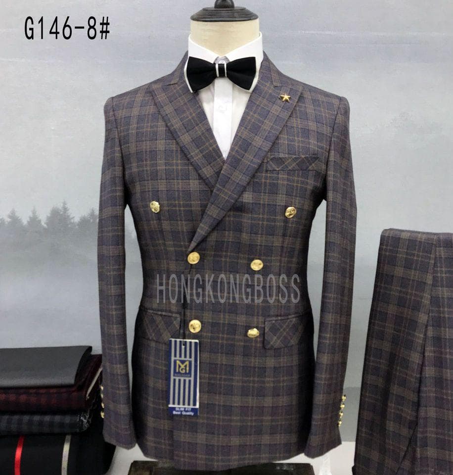 New Men Double Breasted Suit Trousers Business Formal Dress Slim Fit Groomsmen Groom Wedding Dress Plaid Blazers Jacket Pants
