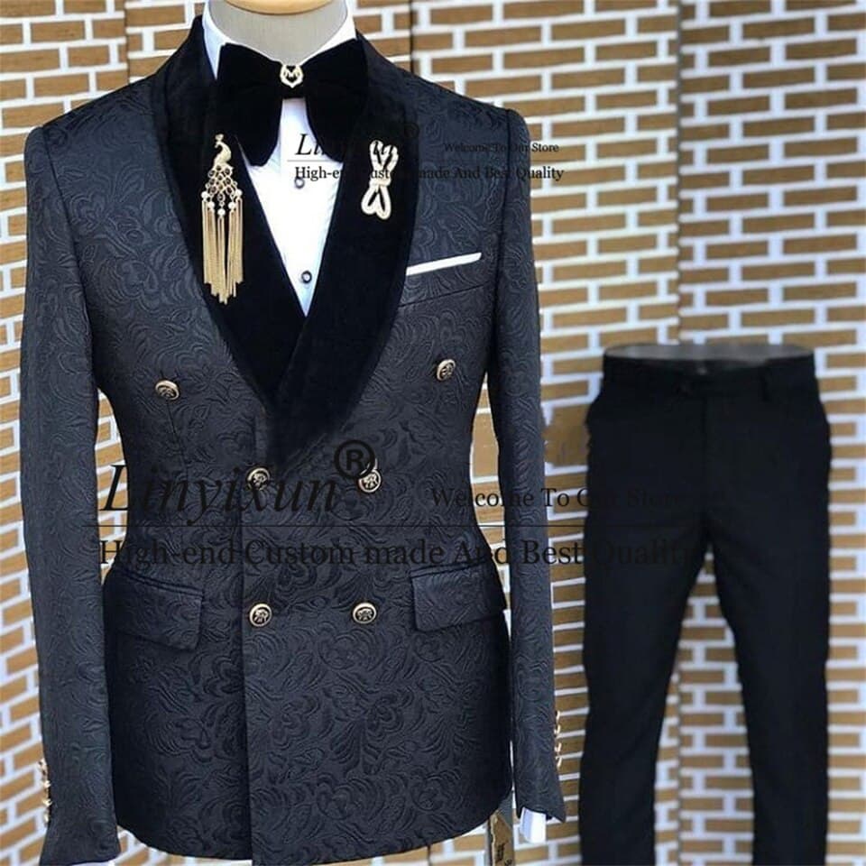 New Men Nave Blue Jacquard Wedding Suits For Men Slim Fit Double Breasted Groom Tuxedos 2 Pieces Groomsmen Prom Blazer Set Costume Homme