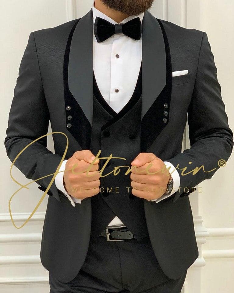 New Men Costume Homme Mariage Formal Fashion Black Slim Fit Suits For Men 3 Piece Groom Wedding Suit Tuxedo Latest Coat Pant Design