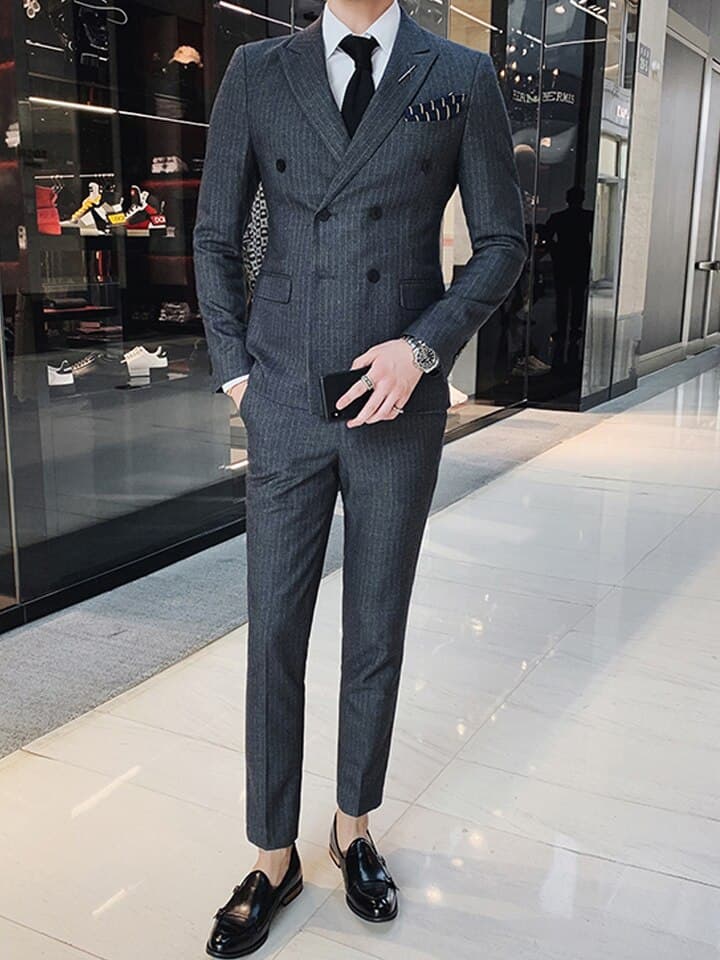 New Men Striped Plaid Solid Color Mens Formal Business Suit 3pce Set Groom Wedding Social Show Dress 7XL ( Blazer + Waistcoat + Pants )