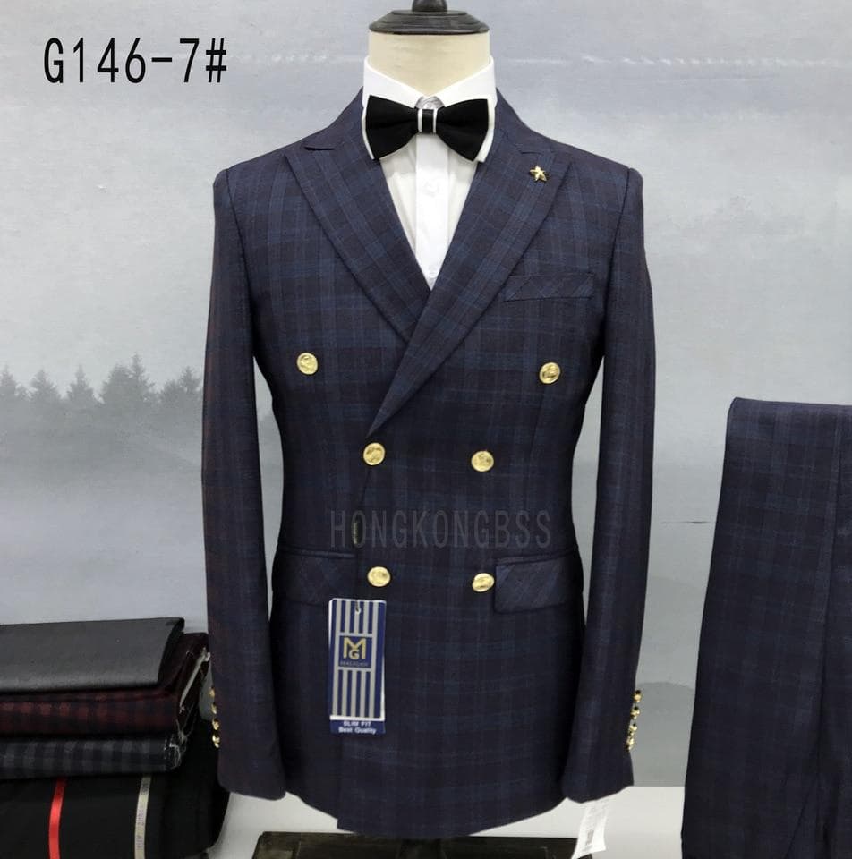 New Men Double Breasted Suit Trousers Business Formal Dress Slim Fit Groomsmen Groom Wedding Dress Plaid Blazers Jacket Pants