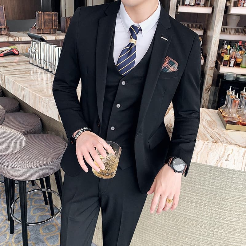 New Men Striped Plaid Solid Color Mens Formal Business Suit 3pce Set Groom Wedding Social Show Dress 7XL ( Blazer + Waistcoat + Pants )
