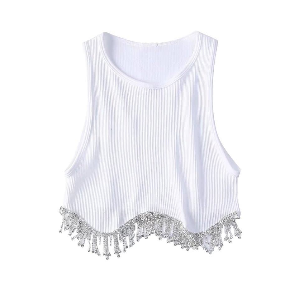 New Women High Street Sexy Hem Tassel Diamond Beading Knitting T Shirt Chic Short Camis Tank Lady Slim Crop Vest Tops LS1311