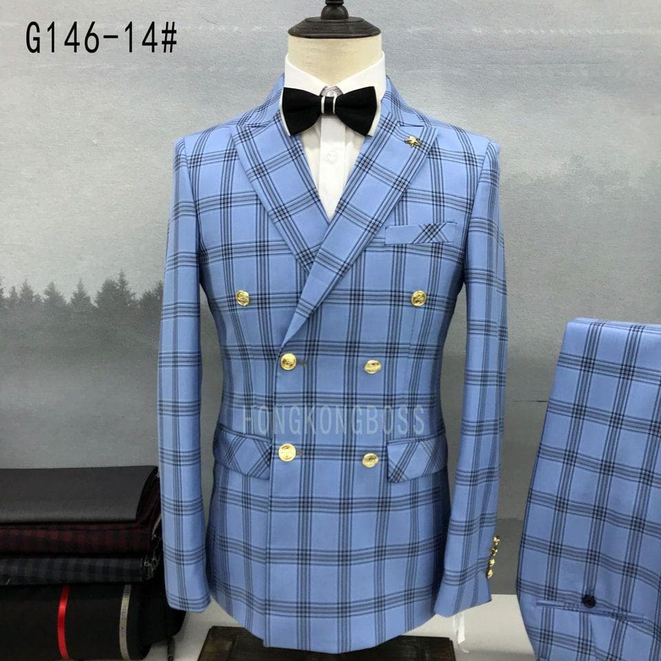 New Men Double Breasted Suit Trousers Business Formal Dress Slim Fit Groomsmen Groom Wedding Dress Plaid Blazers Jacket Pants