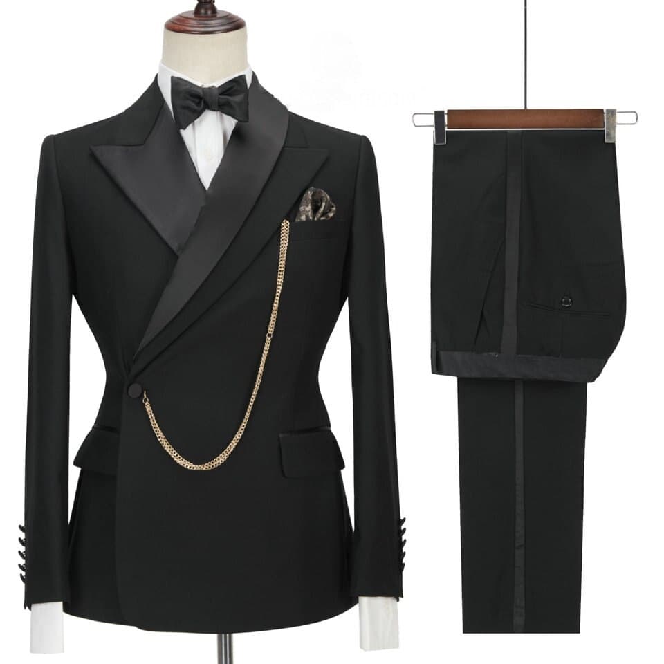 New Men Custom Made Black Groom Tuxedo Peaked Lapel Double Breasted Men Suit Prom Wedding Party Mens Suits Costume ( jacket+Pants)