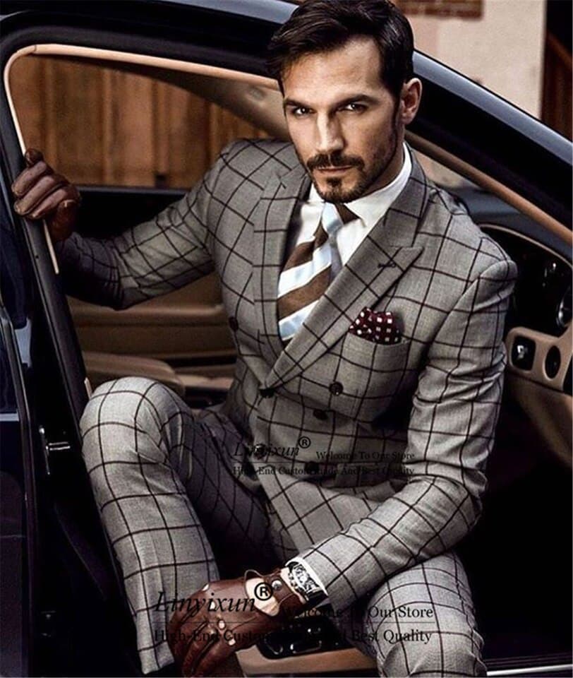 New Formal Grey Plaid Men Suits Double Breasted Wedding Groom Tuxedo Business Best Man Prom Blazer 2 Pieces Sets Terno Masculino