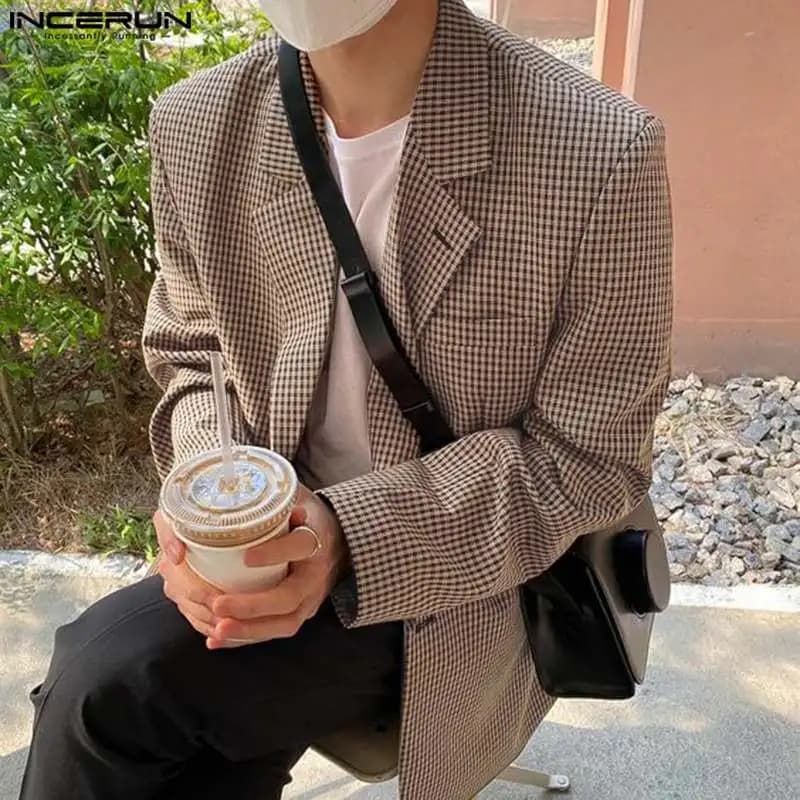 New Men Plaid Blazer Lapel Long Sleeve Button Casual Streetwear Elegant Fashion