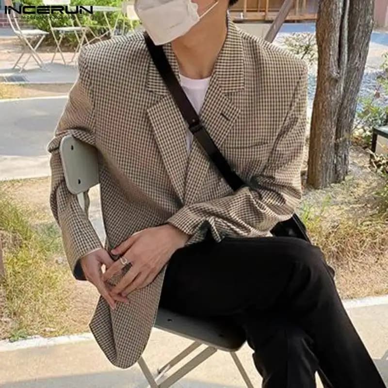New Men Plaid Blazer Lapel Long Sleeve Button Casual Streetwear Elegant Fashion