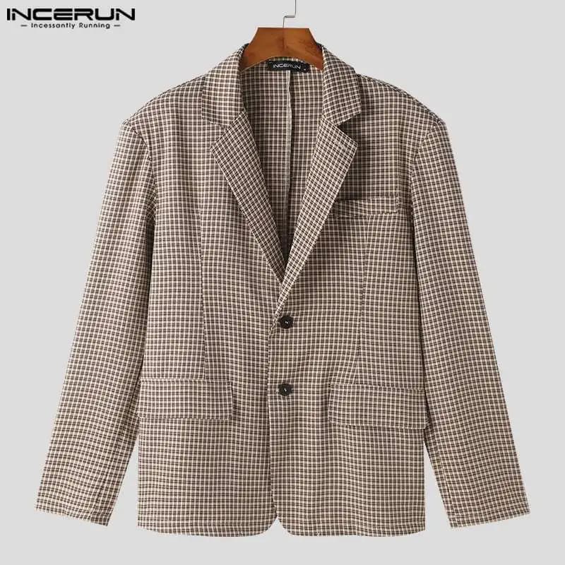 New Men Plaid Blazer Lapel Long Sleeve Button Casual Streetwear Elegant Fashion