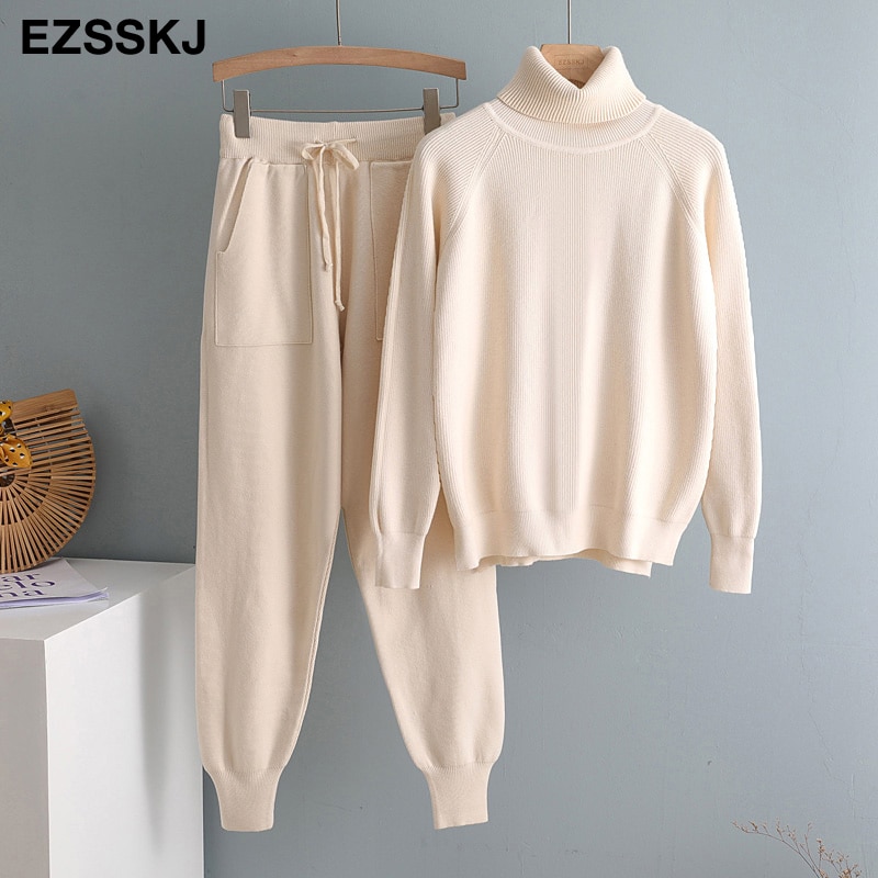 Women Tracksuit Turtleneck Sweater + Carrot Jogging Pants Pullover Sweater Knitted Outwear
