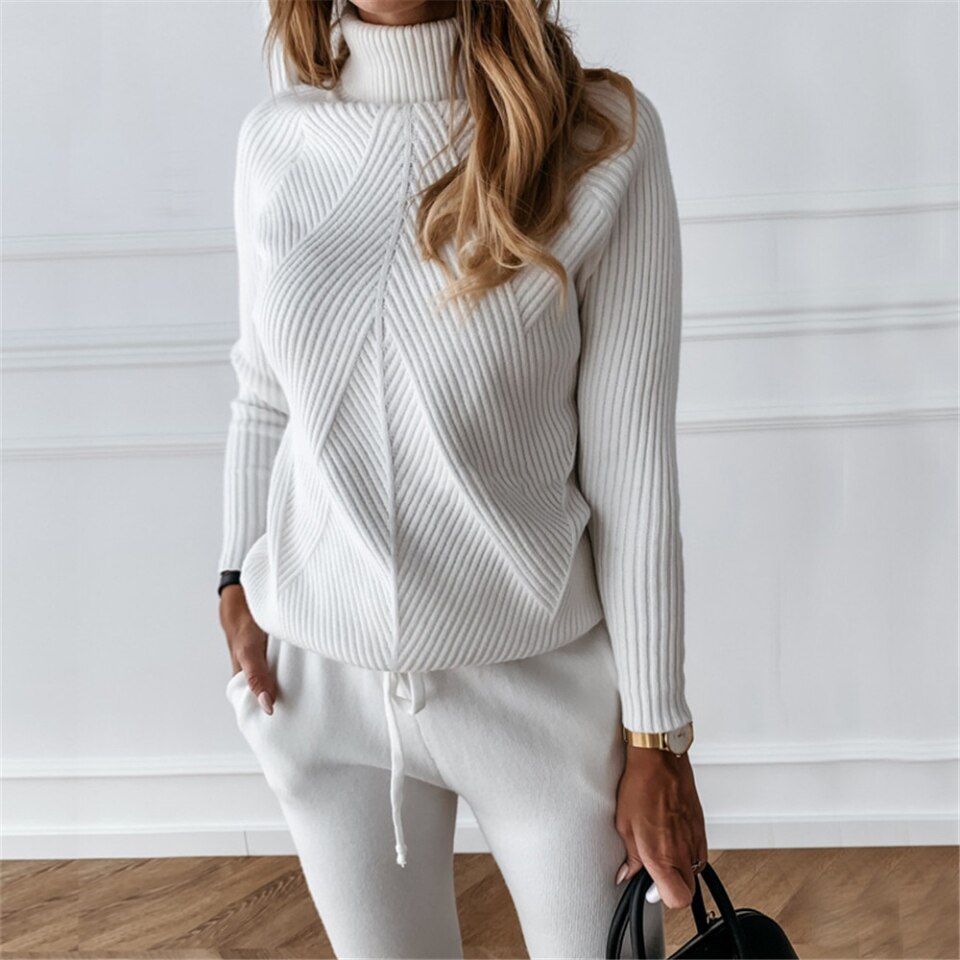 Autumn Winter Women tracksuit Solid Color Striped Turtleneck Sweater and Elastic Trousers Suits Knitted Two Piece Set