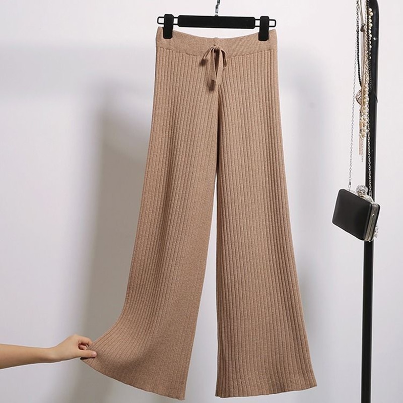 Spring Autumn Knitted Wide Leg Pants Women Korean Solid Pit Ankle-length Pants Elastic Waist Lace Up Pants Sweatpants