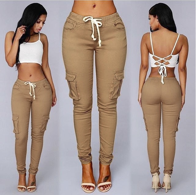 Spring Lace Up Waist Casual Women Pants Solid Pencil Pants Multi-Pockets Straight Slim Fit Trousers S-2XL