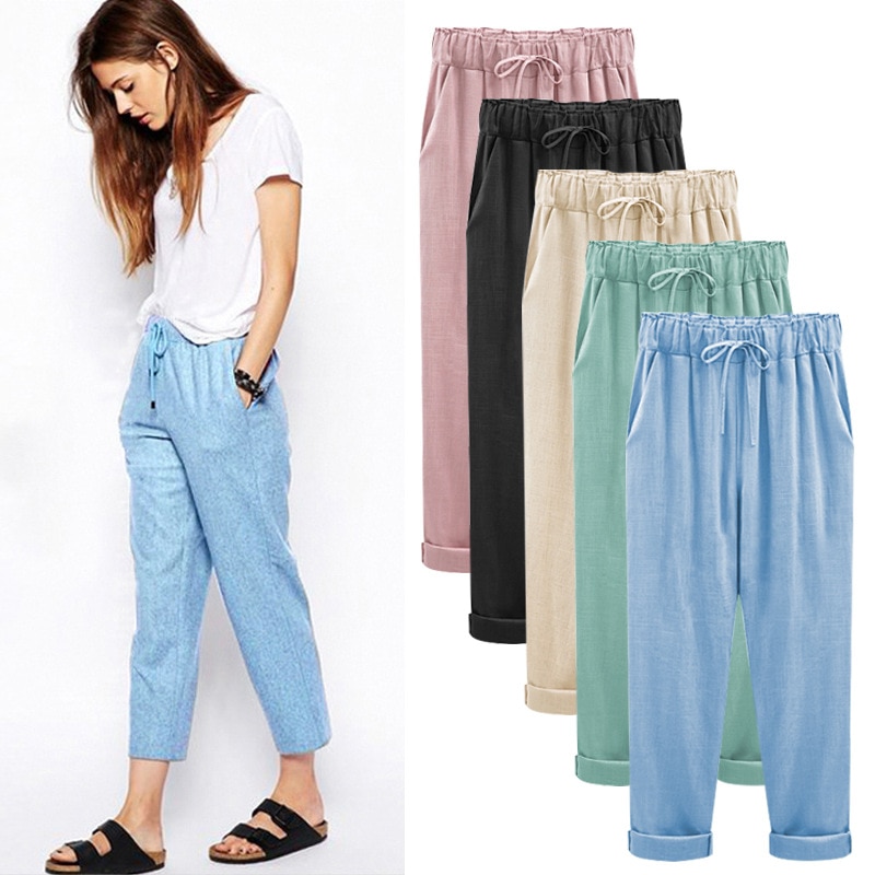 Cotton Linen Pants Elastic high Waist Ankle Length Casual Women Loose spring pants