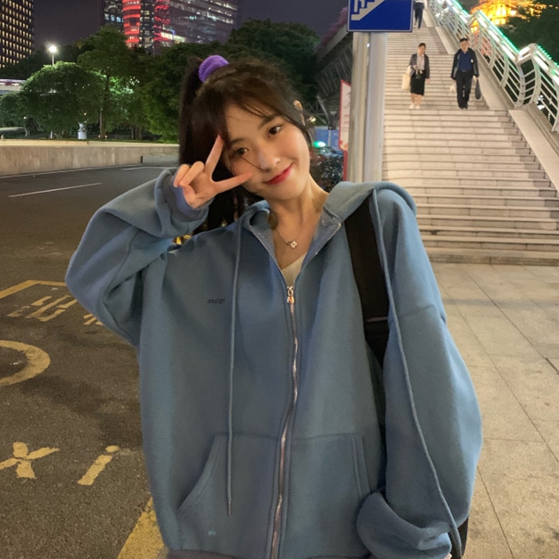 Women Hoodie Oversized Sweatshirt Korean Version Loose Solid Colour Long sleeved Hooded Sweatshirt Student Girl Top