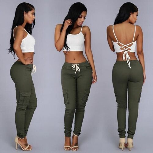 Spring Lace Up Waist Casual Women Pants Solid Pencil Pants Multi-Pockets Straight Slim Fit Trousers S-2XL - Image 9