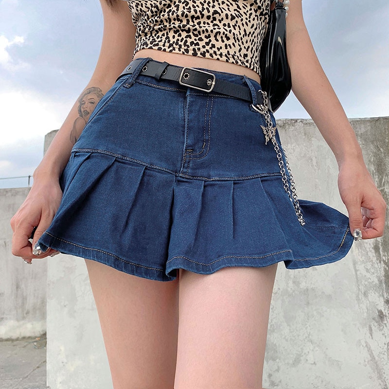 Denim Mini Pleated Skirt Ladies Summer High Waist Jeans Shorts Skirts Women Ruffles Fashion Korean