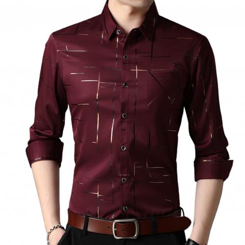 Men Slim Fit Dress Shirt Long Sleeve Turn Down Collar Stripes Single-breasted Polo Business Shirt Top