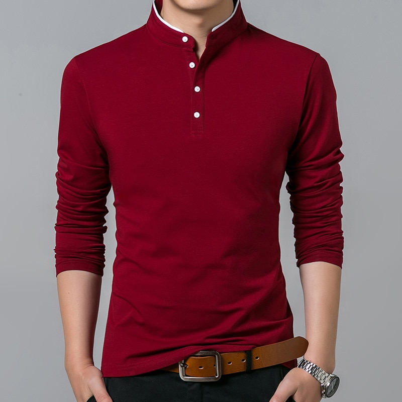 Men Cotton Mandarin Collar T Shirt Full Sleeve t shirt Men Solid Color T shirts Long Shirt