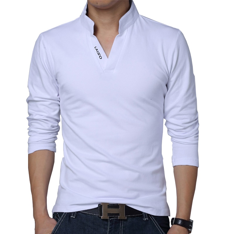 Men Spring Cotton T Shirt Solid Color T shirt Mandarin Collar Long Sleeve Top Men Brand Slim Fit Tee Shirts 5XL
