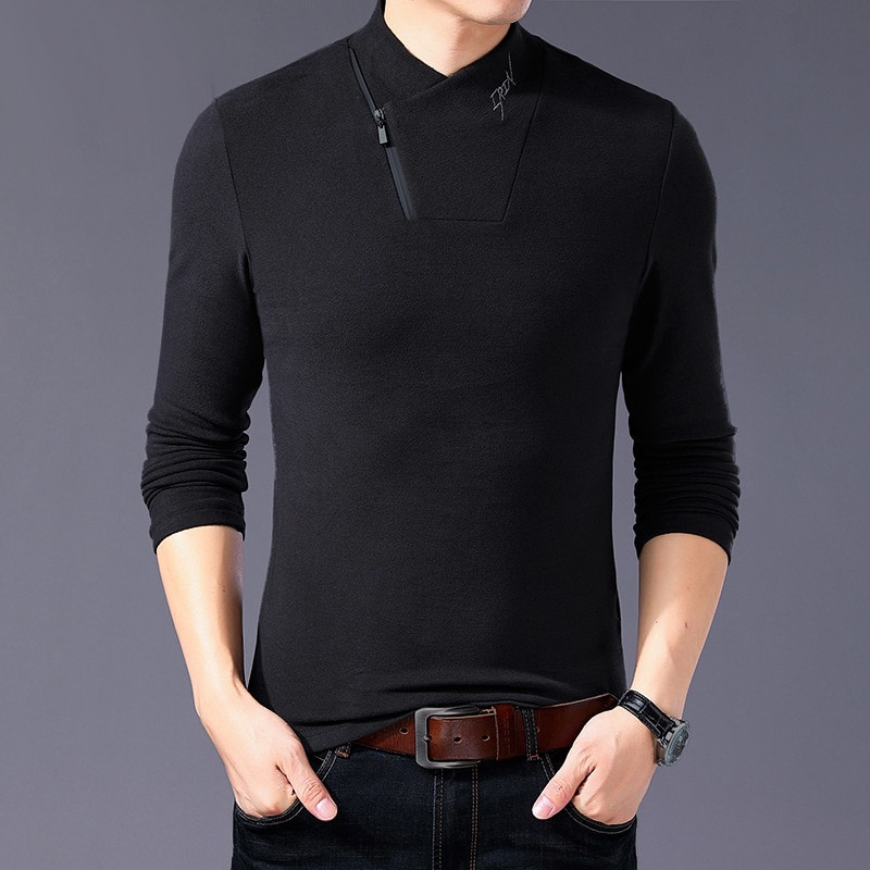 Men New Style Cotton T Shirt Long Sleeve T Shirt Men Solid Color Zipper Print Collar Oversized T Shirt