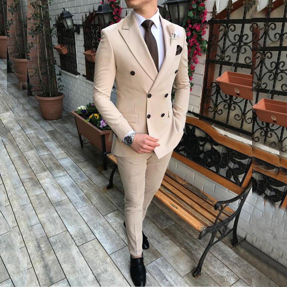 New Beige Men Slim Fit Casual Dress Suit 2 Pieces Double Breasted Notch Lapel Flat Tuxedos For Wedding (Blazer+Pants)