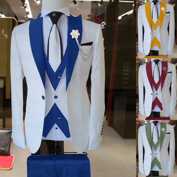 Groom Wedding Men Dress Suit Brand Suit Men 3 Pieces Set Fashion Designs White Business Jacket Vest Royal Blue Pants Dress Tuxedo