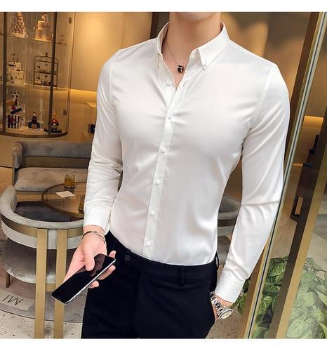 Neckline Embroidery Men Dress Shirt Long Sleeve Casual Slim Fit Men Dress Shirts Solid Color Formal Business Social Clothing Blouse
