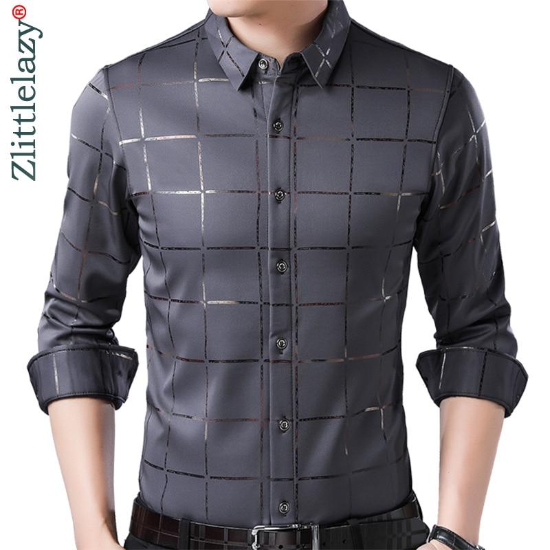 Luxury Casual Spring Men Plaid Long Sleeve Slim Dress Shirt Streetwear Social Men Fashions Jersey Shirt