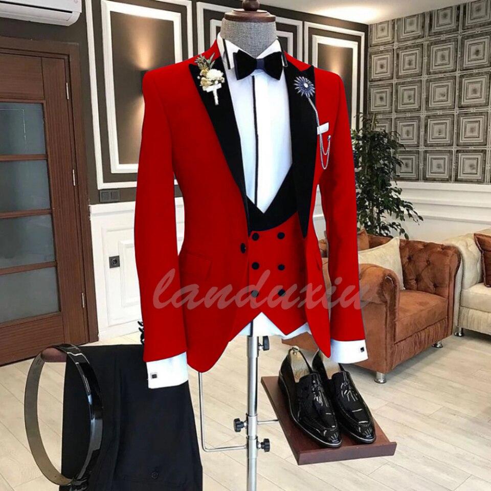 Formal Business Men Dress Suit 3 Pieces Male Jacket Custom Fashion Groom Wedding Suit Tuxedo Black Velvet Lapel Blazer Vest Pants