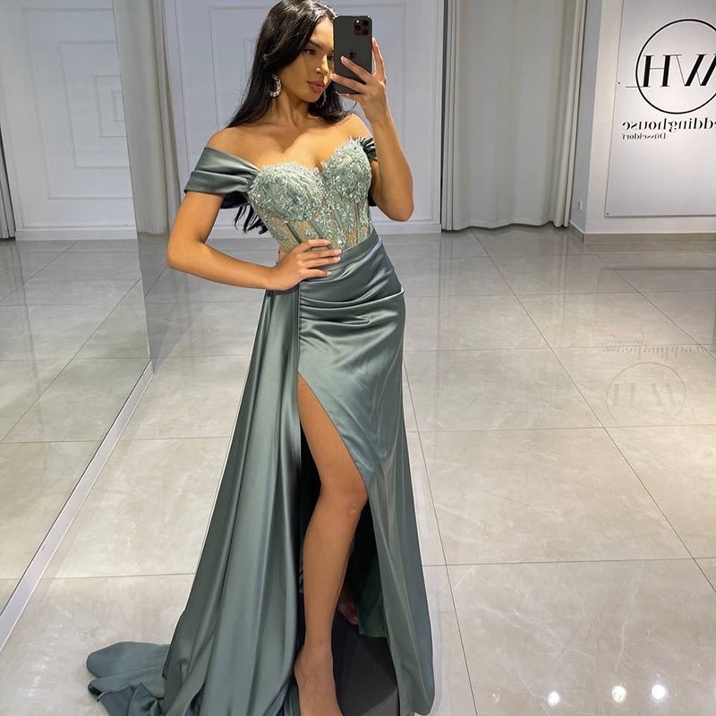 New Women Sexy Prom Evening Dresses Long Off the Shoulder Party Dress  Appliques High Split Cocktail Gown