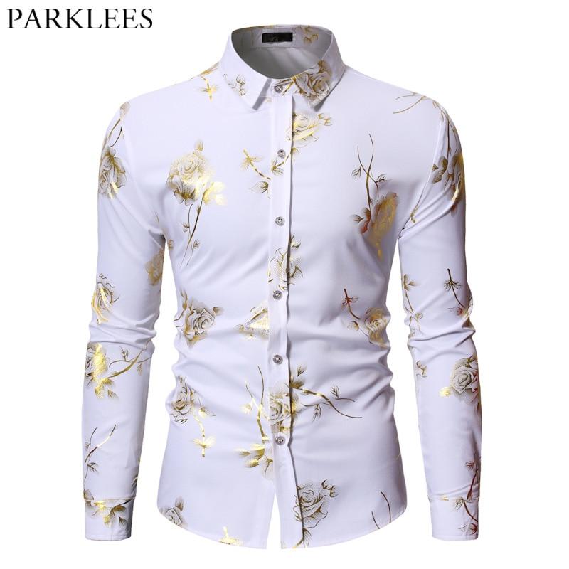 Men Gold Rose Floral Print Dress Shirt Brand Floral Steampunk Chemise White Long Sleeve Wedding Party Bronzing Camisa Masculina