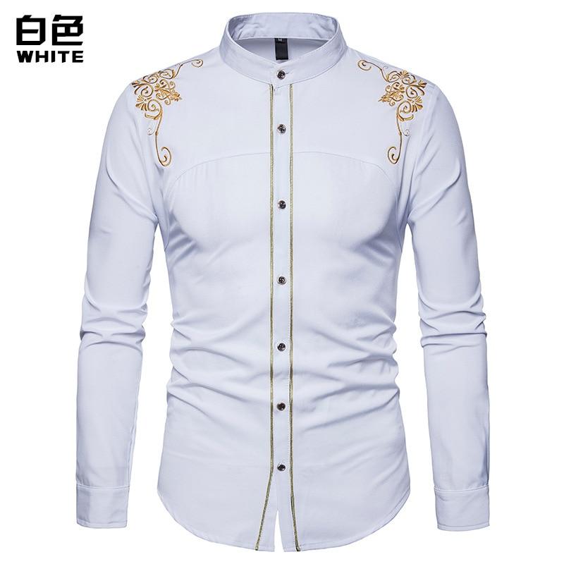 Men Gold Embroidery White Dress Shirt Brand New Stand Collar Mens Dress Shirts Casual Slim Long Sleeve Chemise Homme Camisa Masculina
