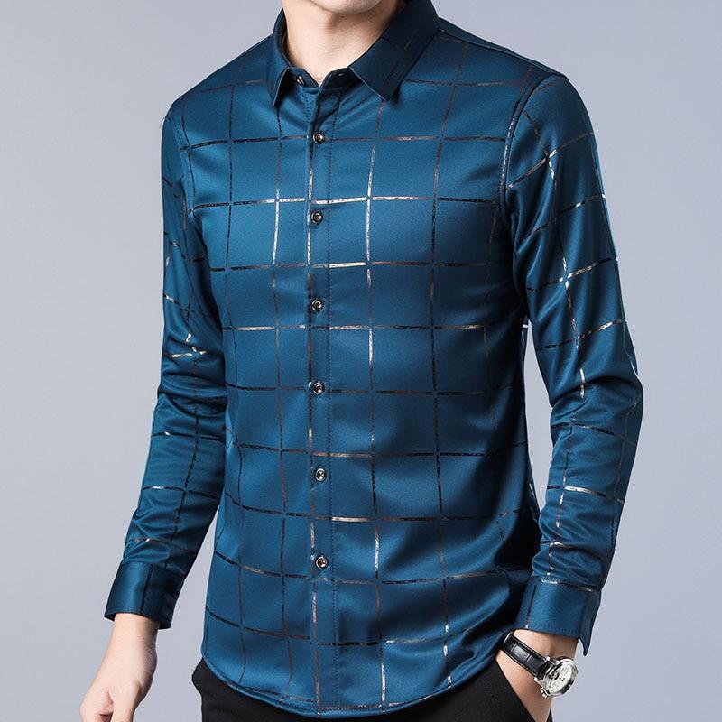 Luxury Casual Spring Men Plaid Long Sleeve Slim Dress Shirt Streetwear Social Men Fashions Jersey Shirt