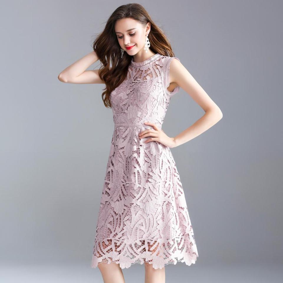 New Women Openwork Embroidery Dress Lace A Word Summer European And American Large Size Women Solid Colour Sleeveless