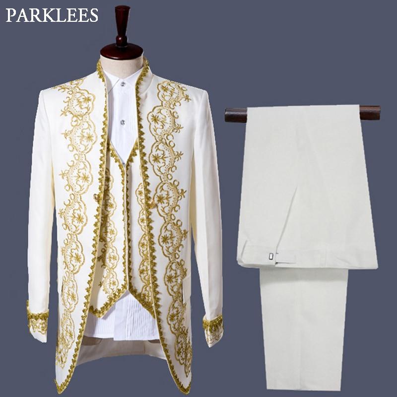 Men England Style Tuxedo Dress Suit Classic White Palace Blazer Men Longline Prom Stage Party Singer 3 Piece Dress Suits