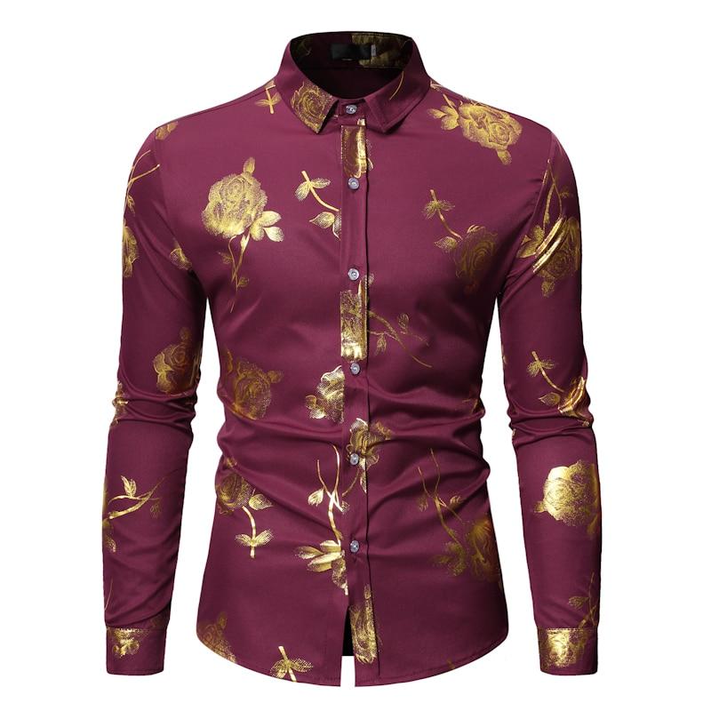 Men Gold Rose Floral Print Dress Shirt Brand Floral Steampunk Chemise White Long Sleeve Wedding Party Bronzing Camisa Masculina