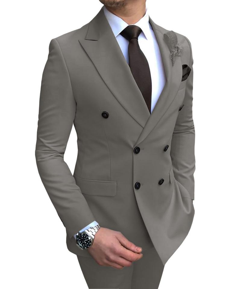 New Beige Men Slim Fit Casual Dress Suit 2 Pieces Double Breasted Notch Lapel Flat Tuxedos For Wedding (Blazer+Pants)