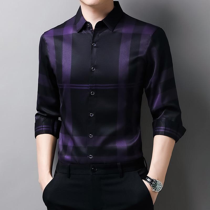 New High Quality Men Slim Fit Silk Dress Shirt Spring Long Sleeve Casual Plaid Shirts