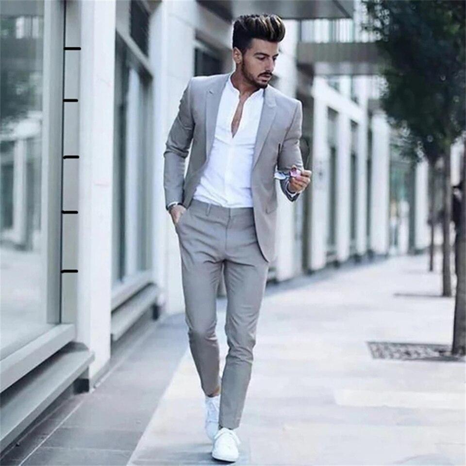 Casual Fashion Luxurious Business Men Dress Suits for Wedding Suits Man Tuxedos Slim Fit Peak Lapel Grey Men Suits (Jacket+Pants)